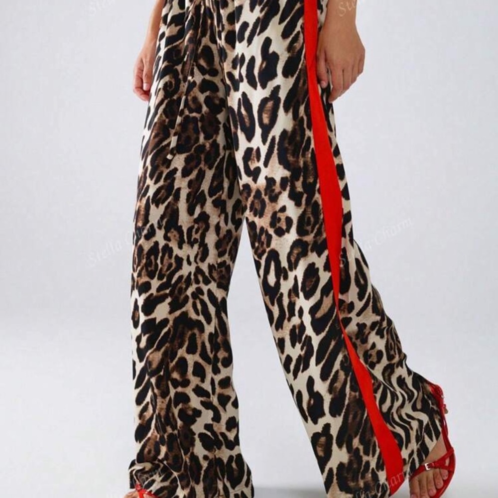 SHEIN Brown and Red Wide Leg Jumpsuit with Leopard Print